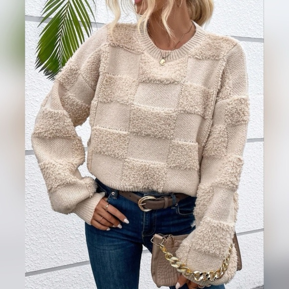 SHEIN Checkered Cream Knit Sweater